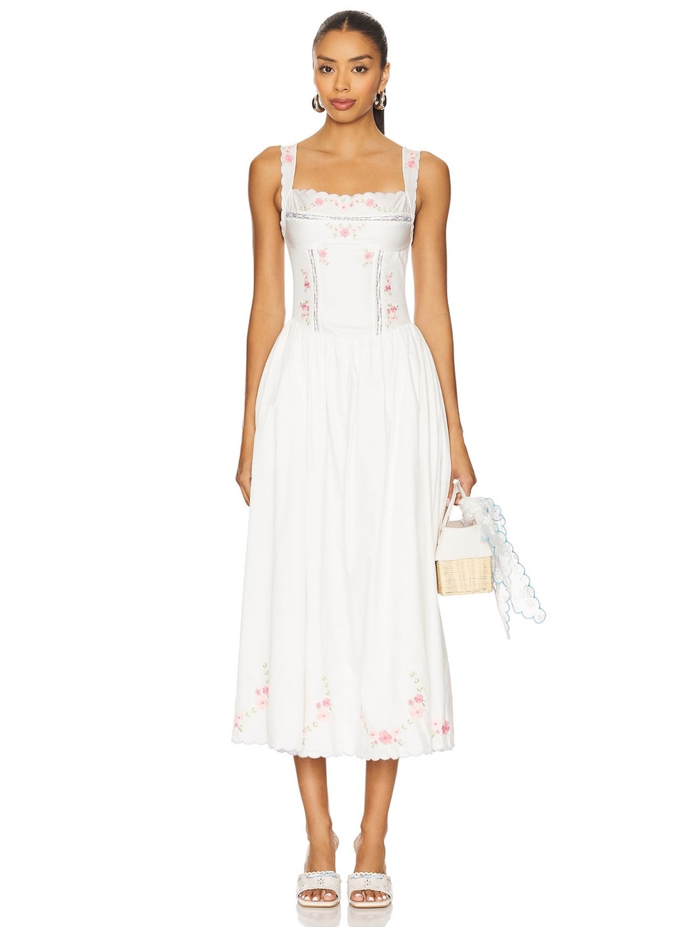 For Love & Lemons Tea Time Midi Dress with Pink Floral Embroidery